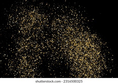 Gold Glitter Texture Isolated On Black. Goldish Color Sequins. Golden Explosion Of Confetti. Design Element. Celebratory Background. Vector Illustration, Eps 10.