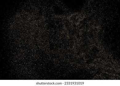 Gold Glitter Textur einzeln auf schwarzem Hintergrund. Goldener Sternenstaub. Farbe der gelben Partikel. Funkeln regnen. Vektorgrafik, EPS10.