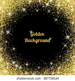 Gold glitter texture isolated on black background. Vector illustration for golden shimmer background. Sparkle sequin tinsel yellow bling. For sale gift card, brightly vibrant certificate, voucher