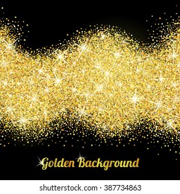 Gold glitter texture isolated on black background. Vector illustration for golden shimmer background. Sparkle sequin tinsel yellow bling. For sale gift card, brightly vibrant certificate, voucher