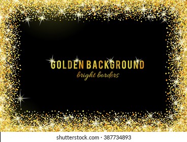Gold Glitter Texture Isolated On Black Background. Vector Illustration For Golden Shimmer Background. Sparkle Sequin Tinsel Yellow Bling. For Sale Gift Card, Brightly Vibrant Certificate, Voucher