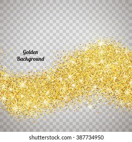 Gold glitter texture isolated on transparent background. Vector illustration for golden shimmer background. Sparkle sequin tinsel yellow bling. For sale gift card, brightly vibrant certificate voucher