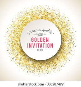 Gold glitter texture isolated on white background. Vector illustration for golden shimmer background. Sparkle sequin tinsel yellow bling. For sale gift card, brightly vibrant certificate, voucher