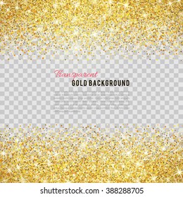 Gold glitter texture isolated on transparent background. Vector illustration for golden shimmer background. Sparkle sequin tinsel yellow bling. For sale gift card, brightly vibrant certificate voucher
