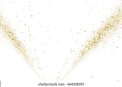 Goldene glitzernde Textur einzeln auf Weiß. Goldene Farbe der Gewinner. Abstrakte Partikel auf dem Trägerboden erzeugen. Explosion von Konfetti-Glanz. Feierlicher Hintergrund. Vektorgrafik, eps10.