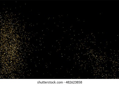 Gold glitter texture isolated on black. Golden color of winners. Gilded abstract particles. Explosion of confetti shine. Celebratory background. Vector illustration,eps 10.