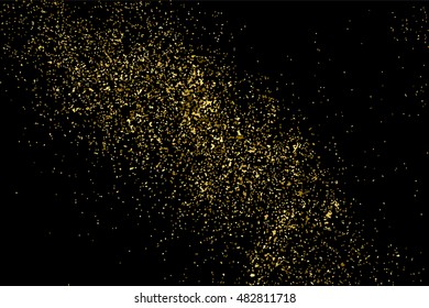 Gold glitter texture isolated on black. Golden color of winners. Gilded abstract particles. Explosion of confetti shine. Celebratory background. Vector illustration,eps 10.