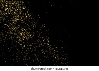 Gold glitter texture isolated on black. Golden color of winners. Gilded abstract particles. Explosion of confetti shine. Celebratory background. Vector illustration,eps 10.