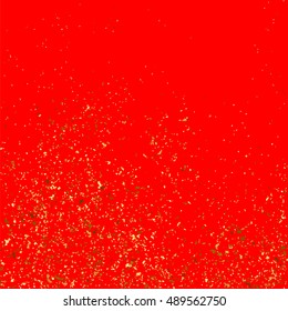 Gold glitter texture isolated on red background. Gift wrap. Holiday card. Golden explosion of confetti. Vector illustration,eps 10.