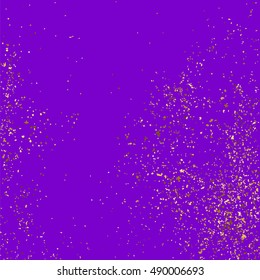 Gold glitter texture isolated on purple background. Violet gift wrap. Mauve holiday card. Golden explosion of confetti. Vector illustration,eps 10.