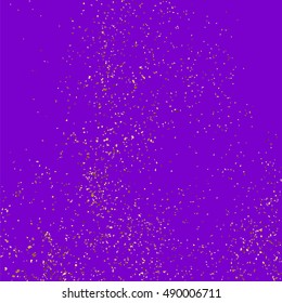 Gold glitter texture isolated on purple background. Violet gift wrap. Mauve holiday card. Golden explosion of confetti. Vector illustration,eps 10.