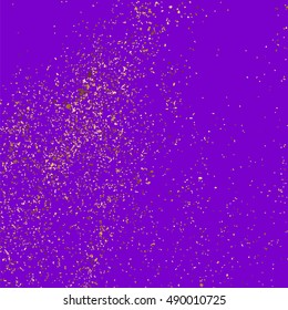 Gold glitter texture isolated on purple background. Violet gift wrap. Mauve holiday card. Golden explosion of confetti. Vector illustration,eps 10.