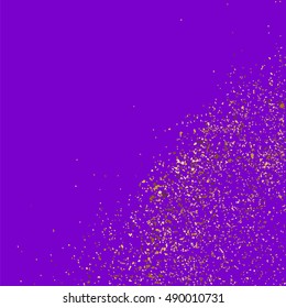 Gold glitter texture isolated on purple background. Violet gift wrap. Mauve holiday card. Golden explosion of confetti. Vector illustration,eps 10.