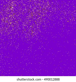 Gold glitter texture isolated on purple background. Violet gift wrap. Mauve holiday card. Golden explosion of confetti. Vector illustration,eps 10.