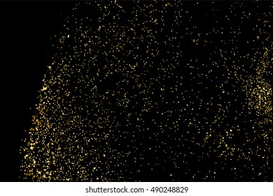 Gold glitter texture isolated on black. Golden color of winners. Gilded abstract particles. Explosion of confetti shine. Celebratory background vector. Gift wrap.