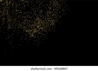 Gold glitter texture isolated on black. Golden color of winners. Gilded abstract particles. Explosion of confetti shine. Celebratory background vector. Gift wrap.
