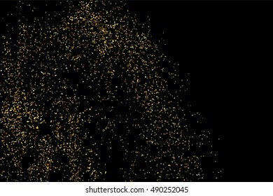 Gold glitter texture isolated on black. Golden color of winners. Gilded abstract particles. Explosion of confetti shine. Celebratory background vector. Gift wrap.