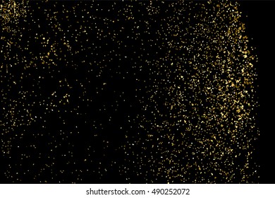 Gold glitter texture isolated on black. Golden color of winners. Gilded abstract particles. Explosion of confetti shine. Celebratory background vector. Gift wrap.