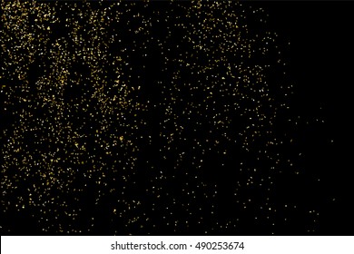 Gold glitter texture isolated on black. Golden color of winners. Gilded abstract particles. Explosion of confetti shine. Celebratory background vector. Gift wrap.
