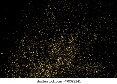 Gold glitter texture isolated on black. Golden color of winners. Gilded abstract particles. Explosion of confetti shine. Celebratory background vector. Gift wrap.