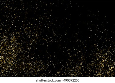 Gold glitter texture isolated on black. Golden color of winners. Gilded abstract particles. Explosion of confetti shine. Celebratory background vector. Gift wrap.