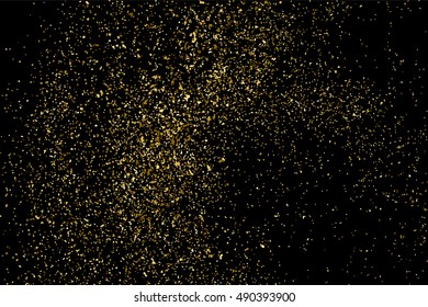 Gold glitter texture isolated on black. Golden color of winners. Gilded abstract particles. Explosion of confetti shine. Celebratory background vector. Gift wrap.