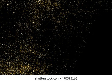 Gold glitter texture isolated on black. Golden color of winners. Gilded abstract particles. Explosion of confetti shine. Celebratory background vector. Gift wrap.