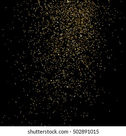 Gold glitter texture isolated on black. Golden color of winners. Gilded abstract particles. Explosion of confetti shine. Celebratory background. Vector illustration,eps 10.