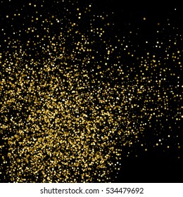 Gold glitter texture isolated on black. Amber particles color. Celebratory background. Golden explosion of confetti. Vector illustration,eps 10.