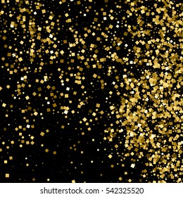 Gold glitter texture isolated on black. Amber particles color. Celebratory background. Golden explosion of confetti. Vector illustration,eps 10.