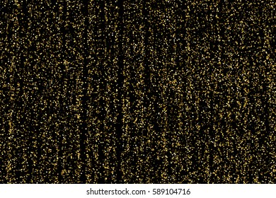 Textura del brillo del oro aislado en negro. Partículas de color ámbar. Fondo de celebración. Explosión dorada de confeti. Ilustración vectorial, eps 10.