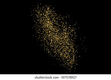 Gold glitter texture isolated on black. Amber particles color. Celebratory background. Golden explosion of confetti. 