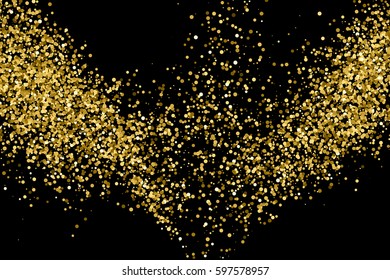 Gold glitter texture isolated on black. Amber particles color. Celebratory background. Golden explosion of confetti. 