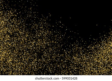 Gold glitter texture isolated on black. Amber particles color. Celebratory background. Golden explosion of confetti.                     