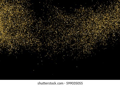 Goldene Glitter-Textur einzeln auf Schwarz. Bernsteinfarbige Partikel. Feierlicher Hintergrund. Goldene Konfetti-Explosion