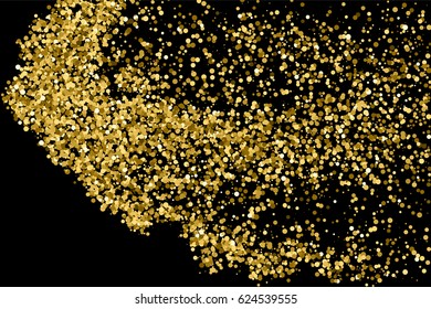 Gold glitter texture isolated on black. Amber particles color. Celebratory background. Golden explosion of confetti. Vector illustration,eps 10.
