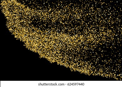 Gold glitter texture isolated on black. Amber particles color. Celebratory background. Golden explosion of confetti. Vector illustration,eps 10.