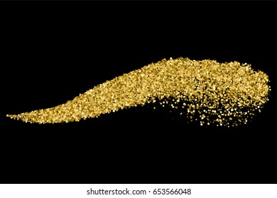 Gold glitter texture isolated on black. Amber particles color. Celebratory background. Golden wave of confetti. 