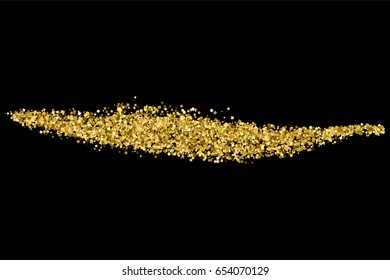 Gold glitter texture isolated on black. Amber particles color. Celebratory background. Golden wave of confetti. 