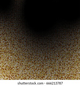 Gold glitter texture isolated on black background. Golden dots background. Vector illustration.