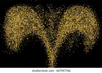 Gold glitter texture isolated on black. Amber particles color. Celebratory background. Golden explosion of confetti.