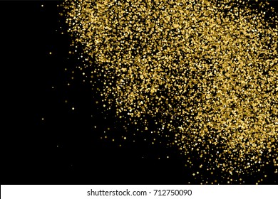 Gold glitter texture isolated on black. Amber particles color. Celebratory background. Golden explosion of confetti.