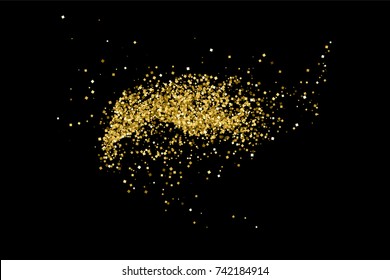 Gold glitter texture isolated on black. Amber particles color. Celebratory background. Golden explosion of confetti.