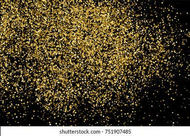 Gold glitter texture isolated on black. Amber particles color. Celebratory background. Golden explosion of confetti.