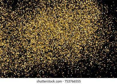 Gold glitter texture isolated on black. Amber particles color. Celebratory background. Golden explosion of confetti.