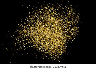 Gold glitter texture isolated on black. Amber particles color. Celebratory background. Golden explosion of confetti.