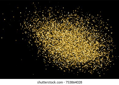 Gold glitter texture isolated on black. Amber particles color. Celebratory background. Golden explosion of confetti.