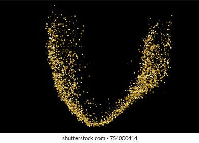 Gold glitter texture isolated on black. Amber particles color. Celebratory background. Golden explosion of confetti.