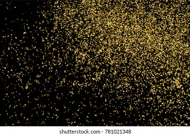 Gold glitter texture isolated on black. Amber particles color. Celebratory background. Golden explosion of confetti.