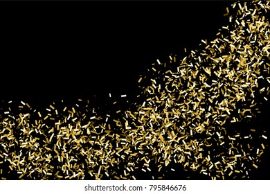 Gold glitter texture isolated on black. Amber particles color. Celebratory background. Golden explosion of confetti.